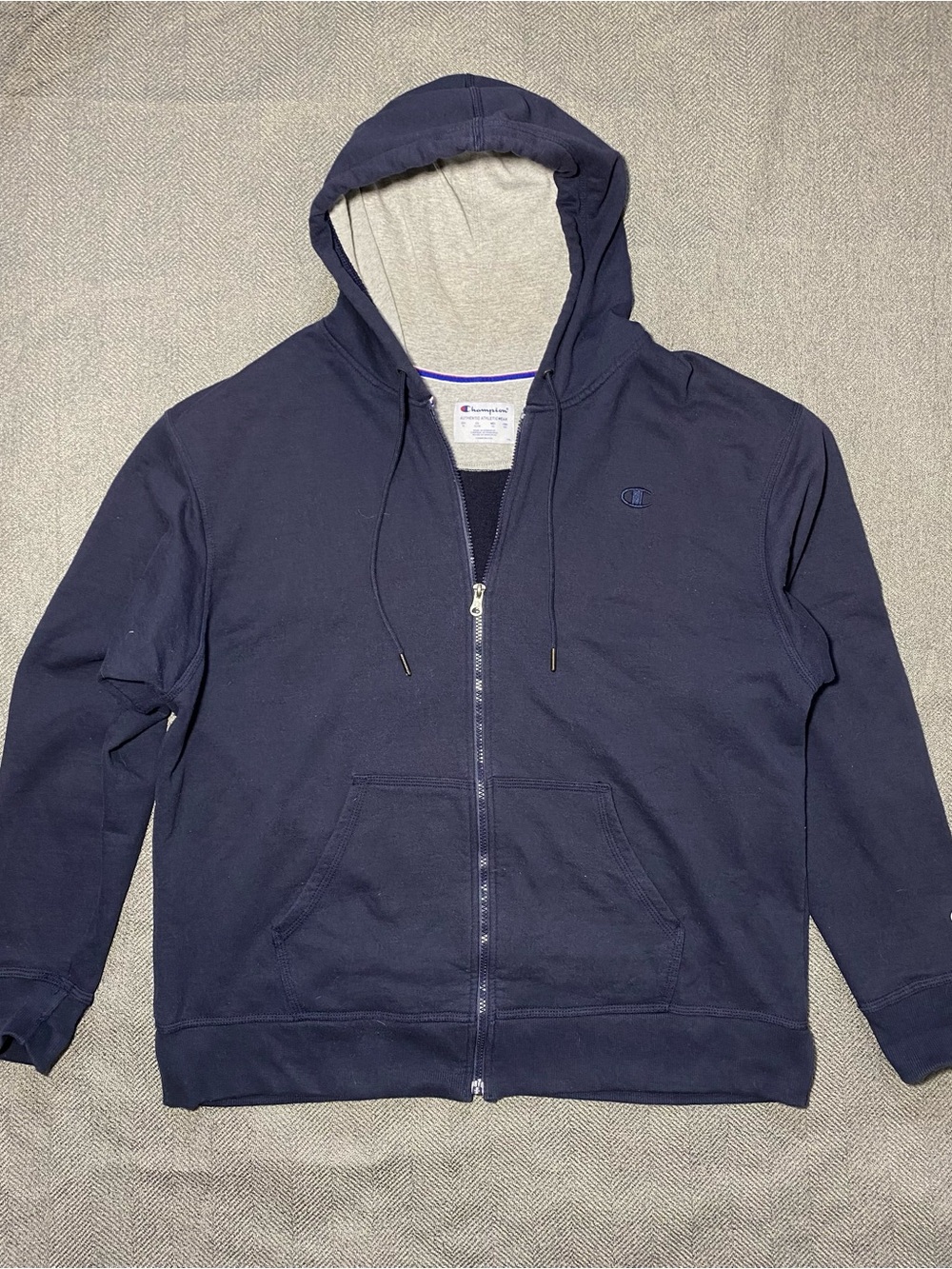Champion Men's Navy Zip-Up Hoodie with Grey Lining